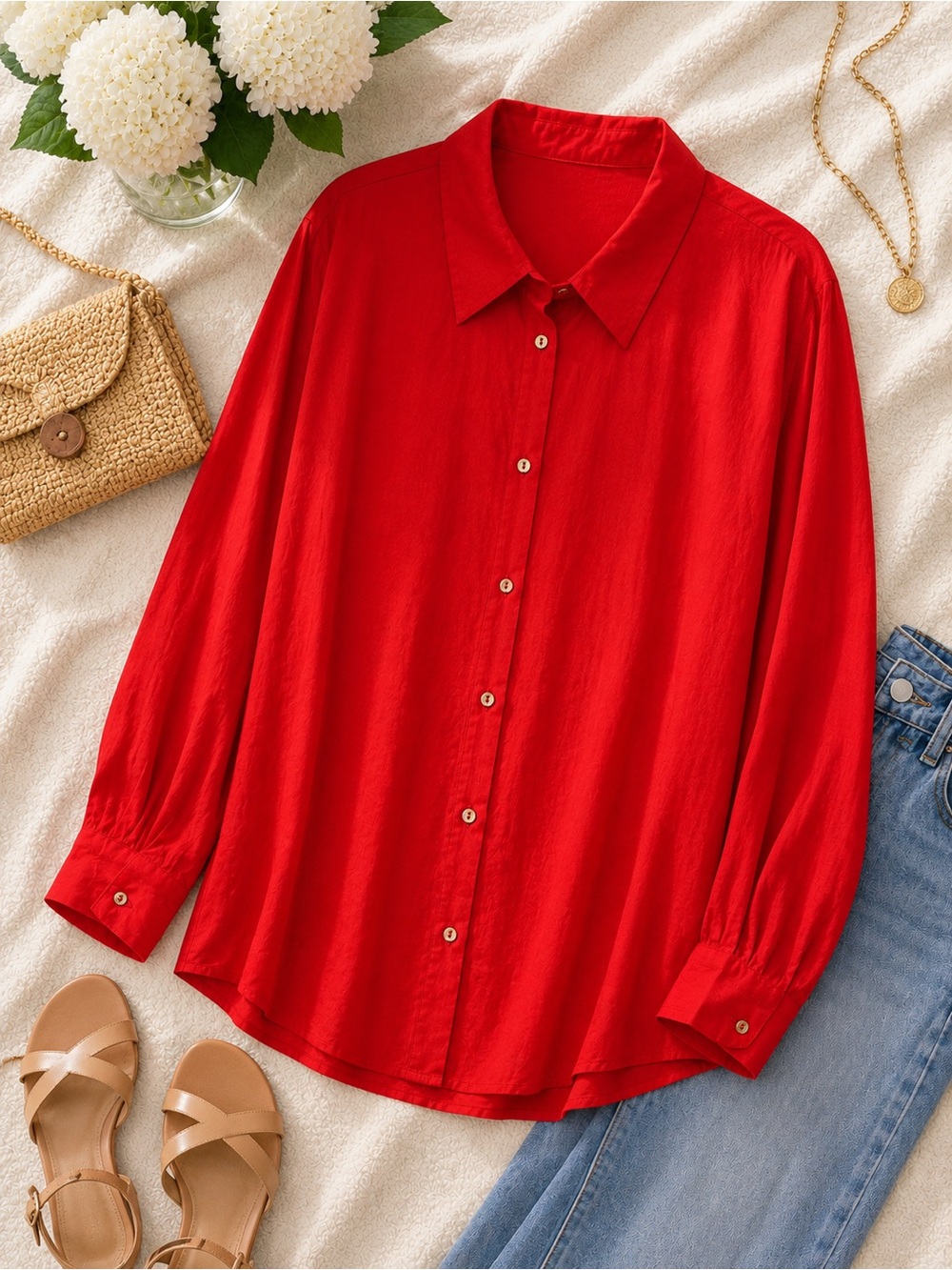 L Love Red Oversized Button Down Blouse Quiet Luxury Chic Top Size Large NWT